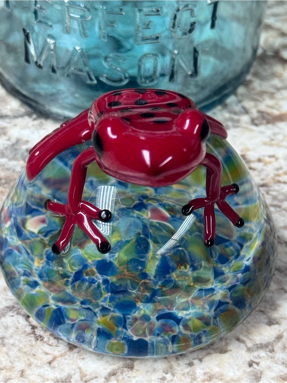 Handcrafted Red Glass Frog on Multicolor Art Glass Dome